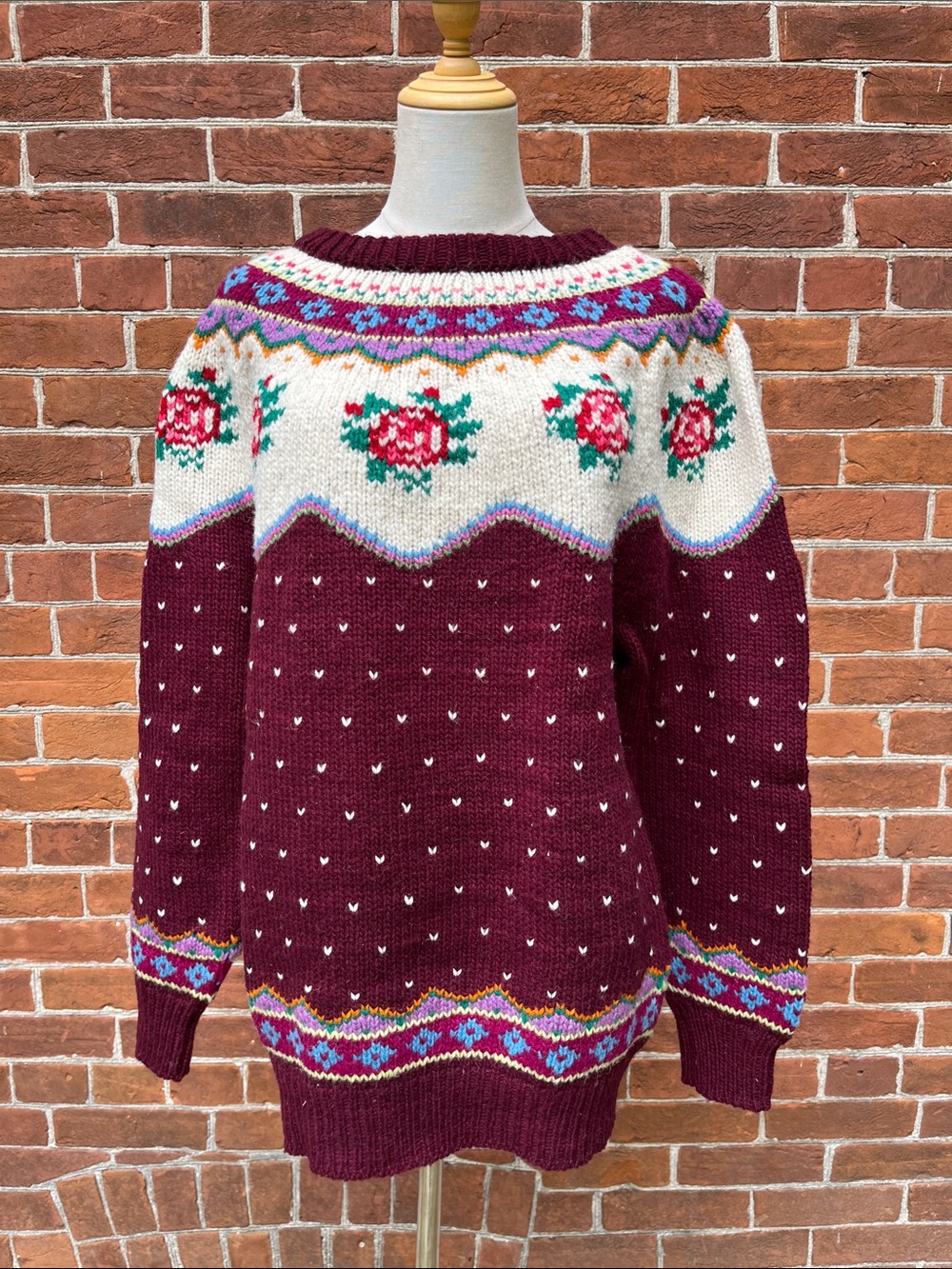 Vintage Burgundy Floral Fair Isle Sweater Homeknit